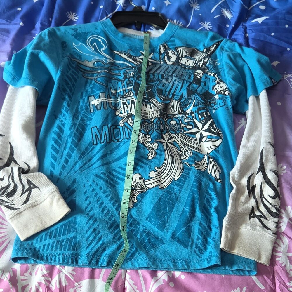 Mongoose Blue White Tattoo Graphic Crew Neck Boys Long Sleeve T-Shirt L Cotton